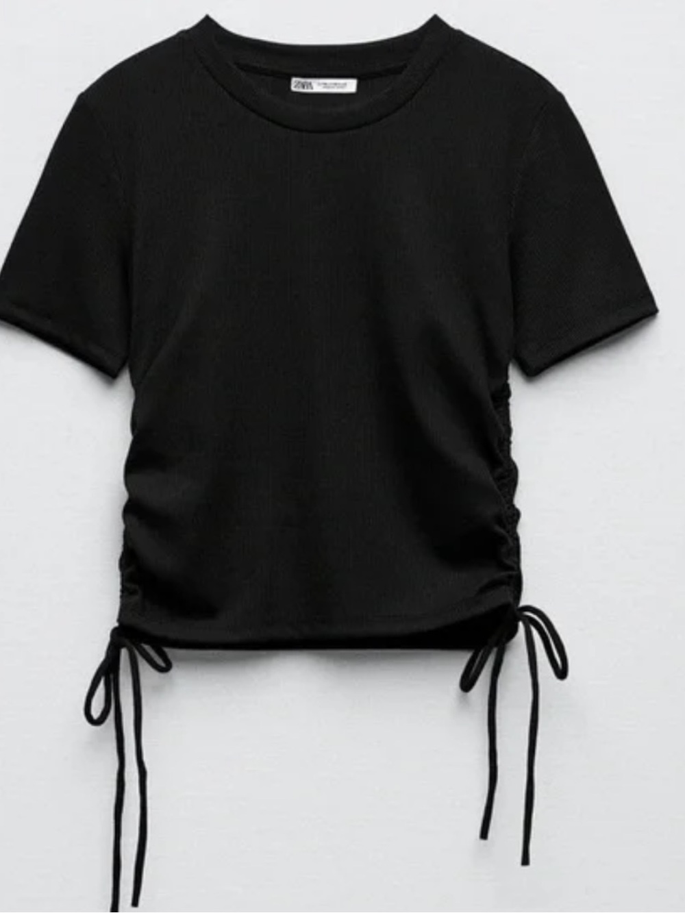 ZARA Black Short-Sleeve Ruched Side-Tie Tee- size L